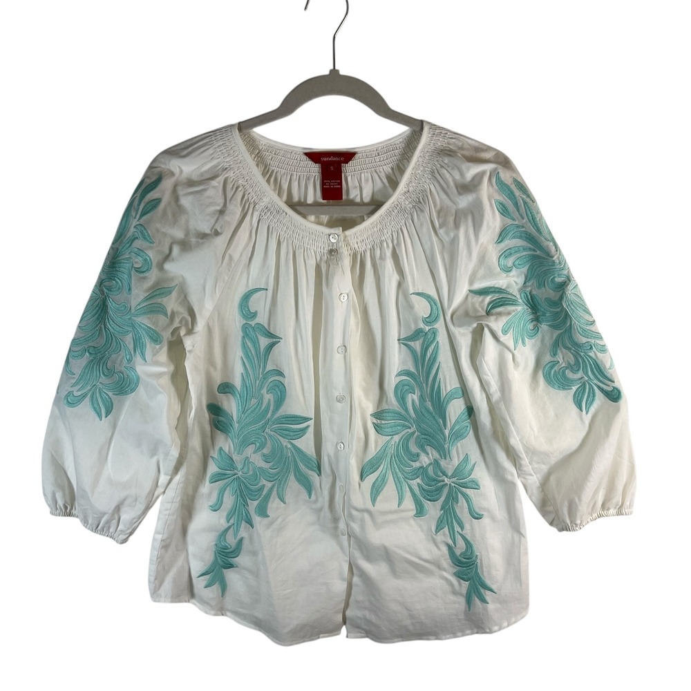 Sundance Womens‎ White Cotton Embroidered Peasant Blouse Aqua Floral Smocked S